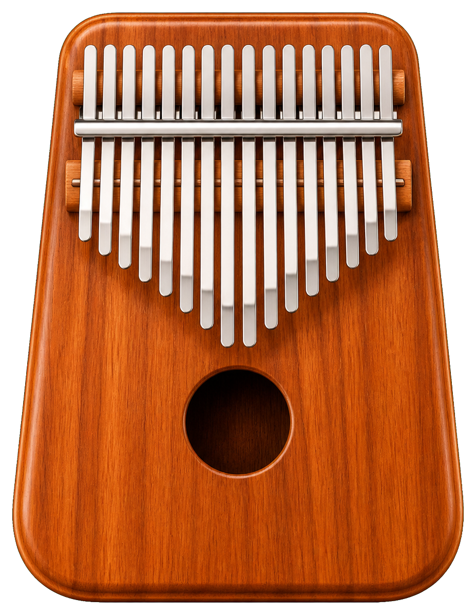 A wooden kalimba instrument with metal tines and a round sound hole