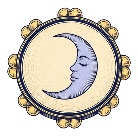 Circular tambourine sticker with a crescent moon face and scalloped celestial accents