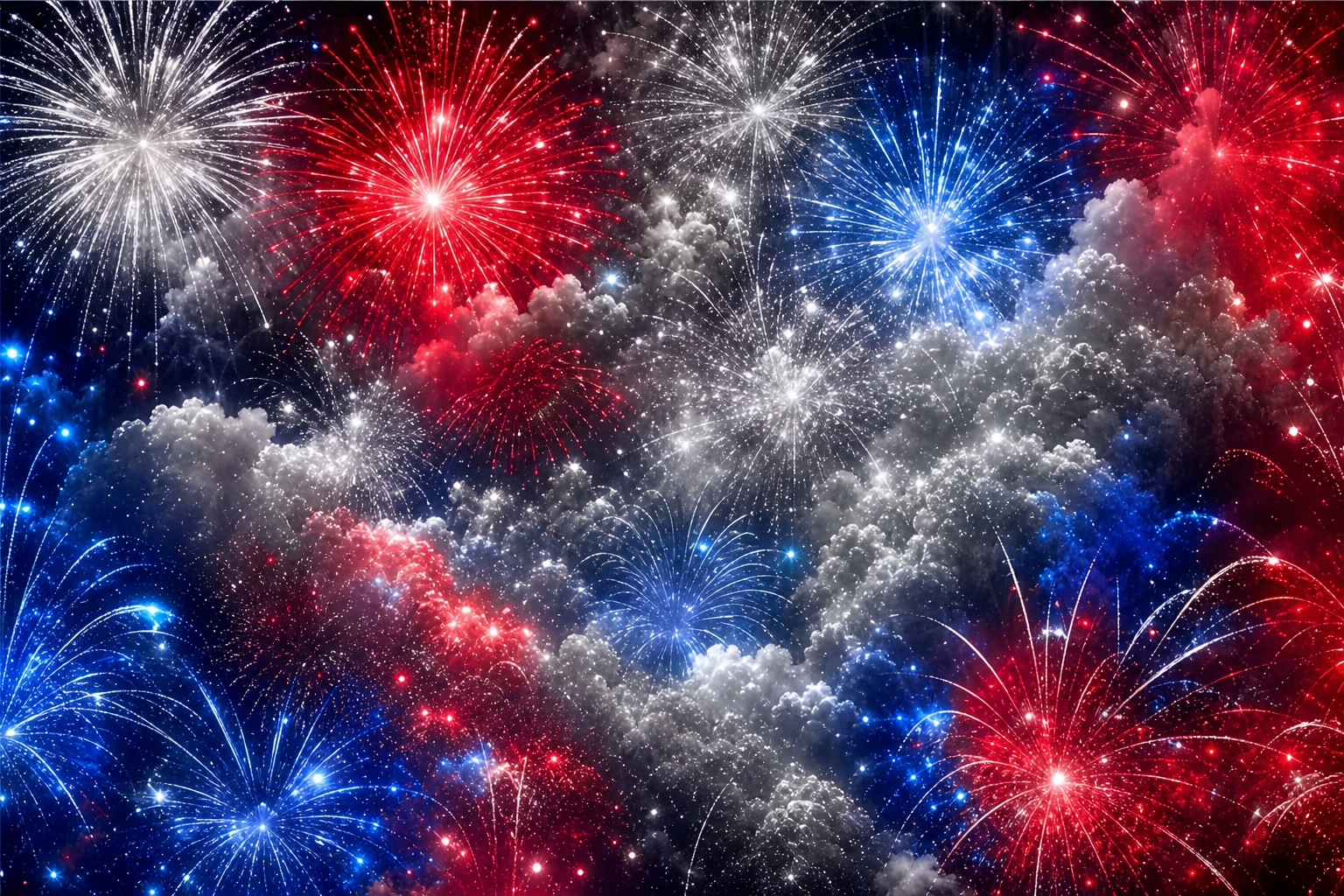 Abstract red, white, blue, and silver fireworks bursting against a dark background
