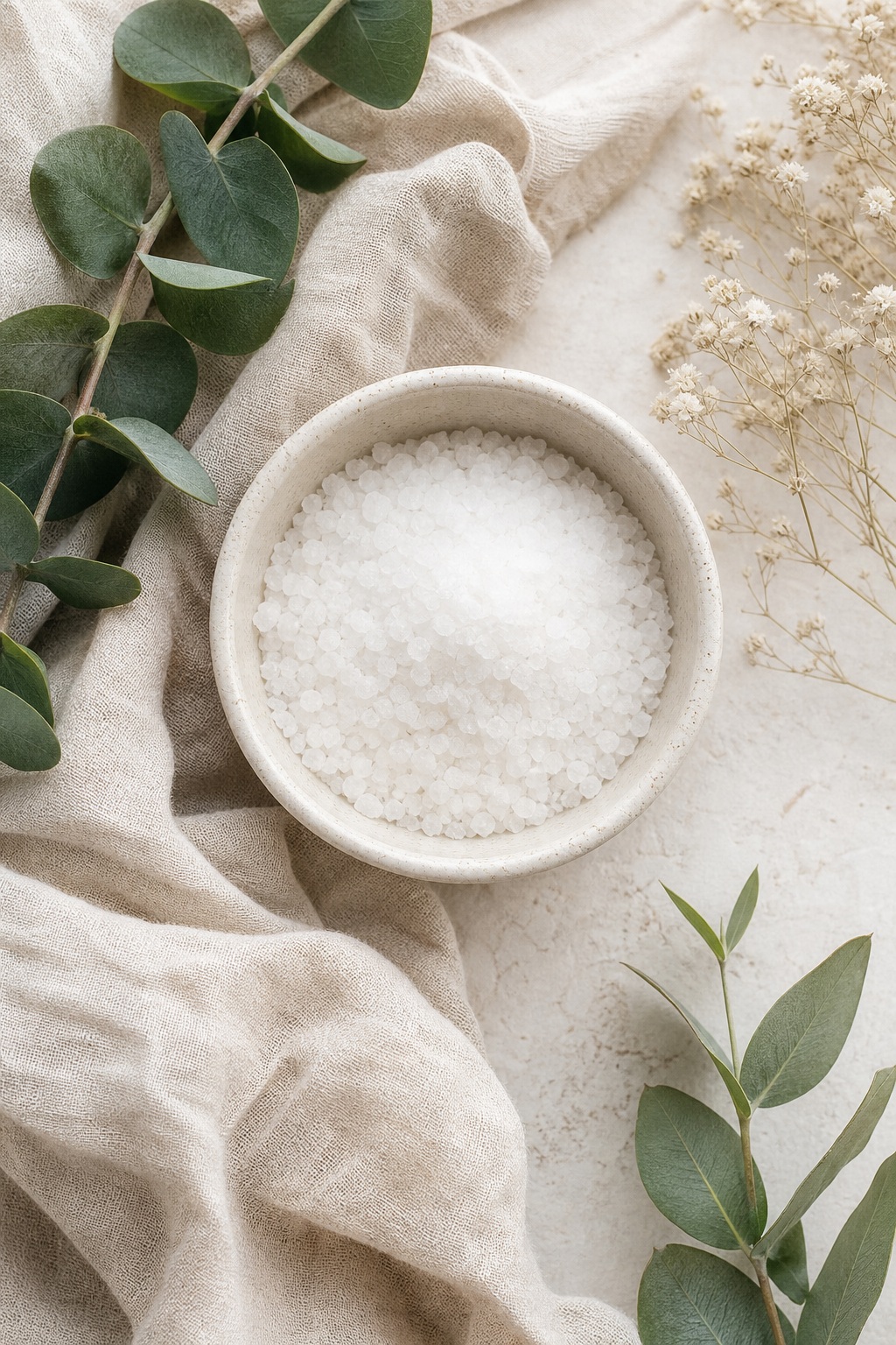 Top-down bowl of bath salts on beige fabric with eucalyptus leaves and dried flowers