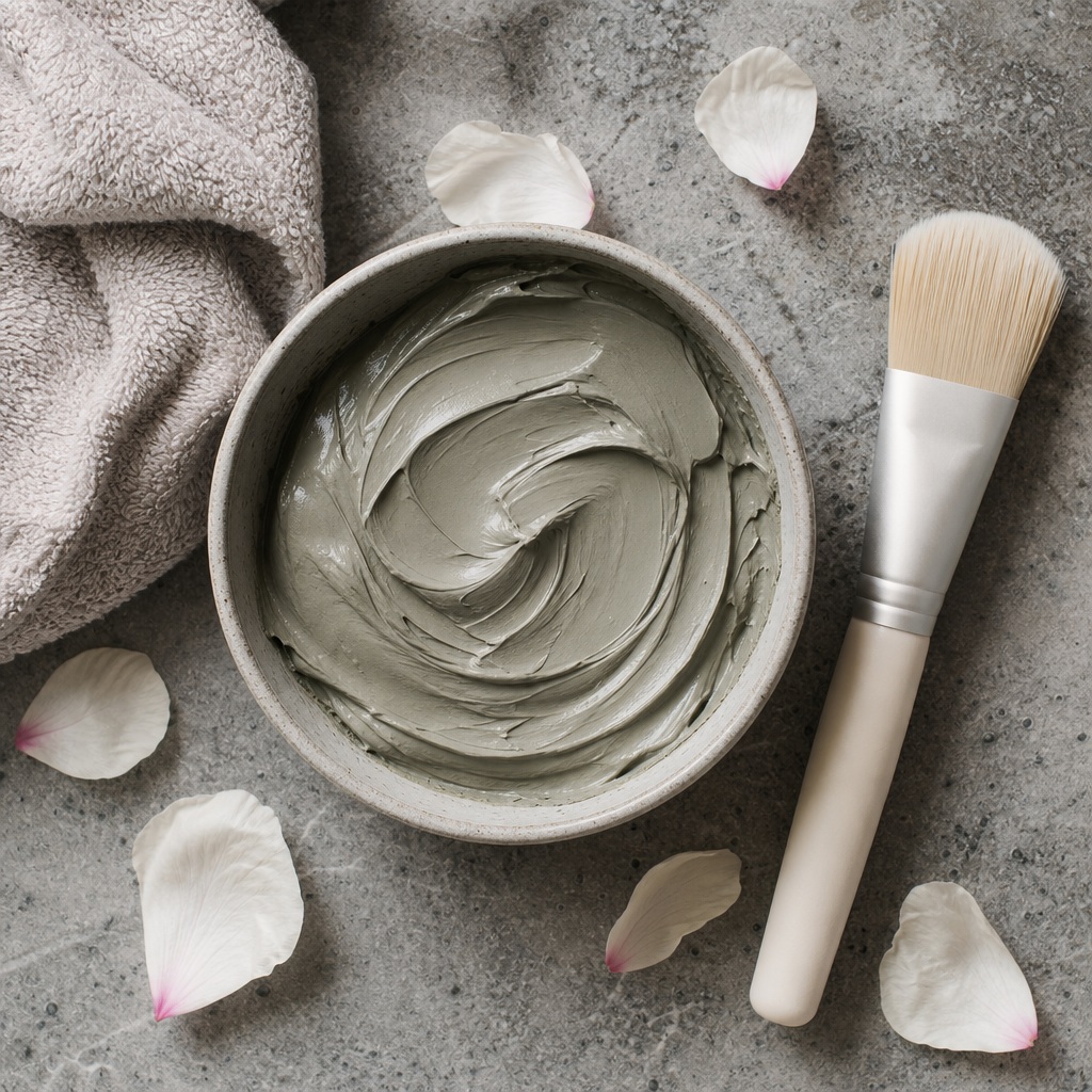 Clay mask in a bowl with a brush and scattered petals on a stone surface