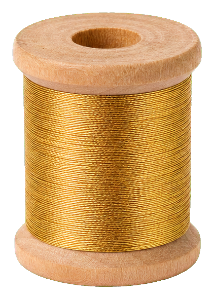A realistic gold thread spool with wooden top and bottom