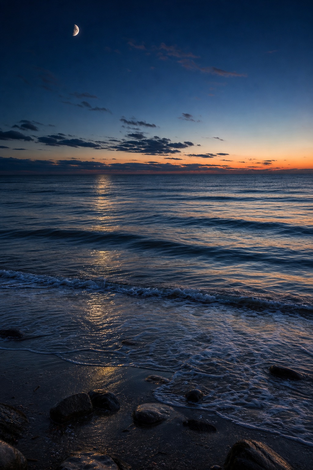 Calm ocean waves reflecting moonlight under a pre-dawn sky.