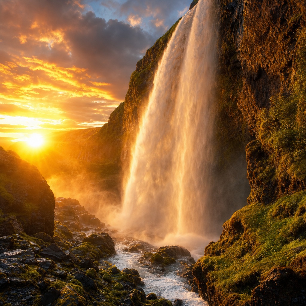 Preview for Sunset Waterfall Stock Background