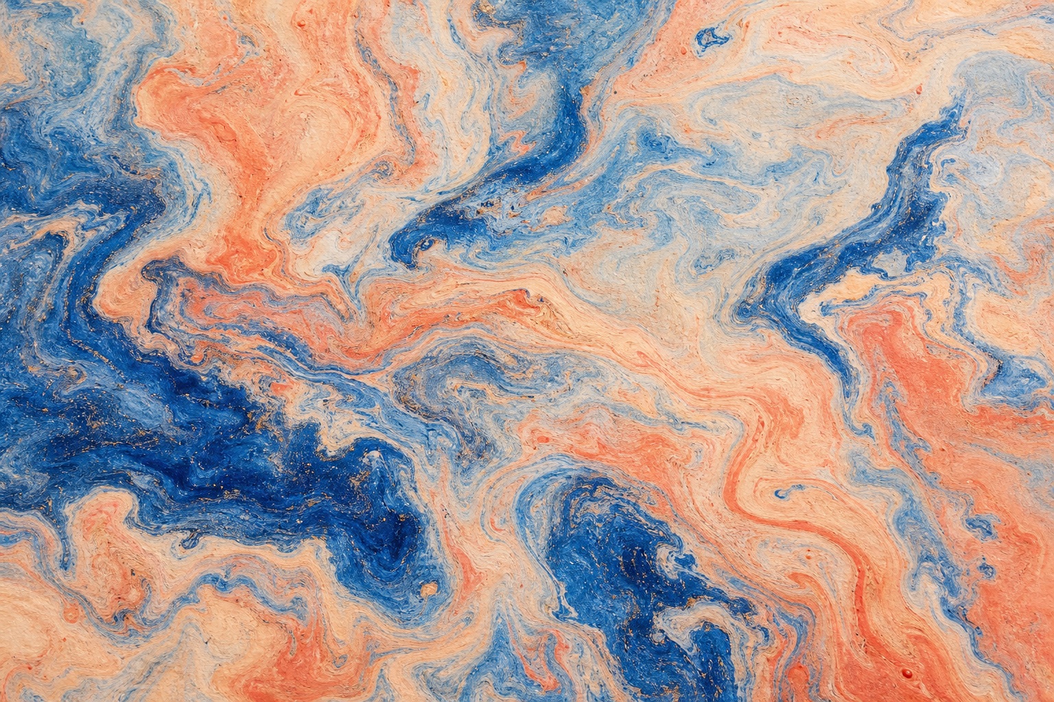 Abstract cobalt blue and coral marbled paper texture with flowing organic currents