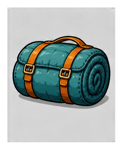 Rolled teal sleeping bag with orange straps and buckles on a dark background.