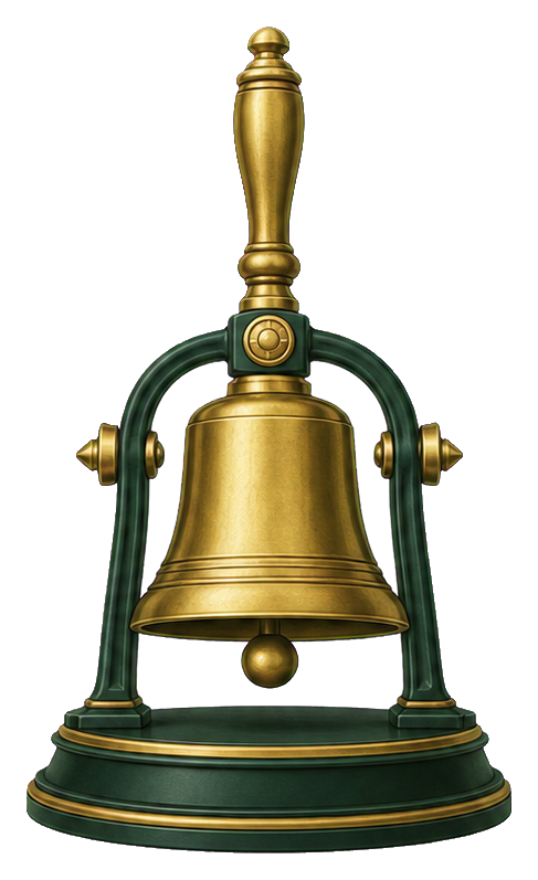 Gold opening bell on a black and green base