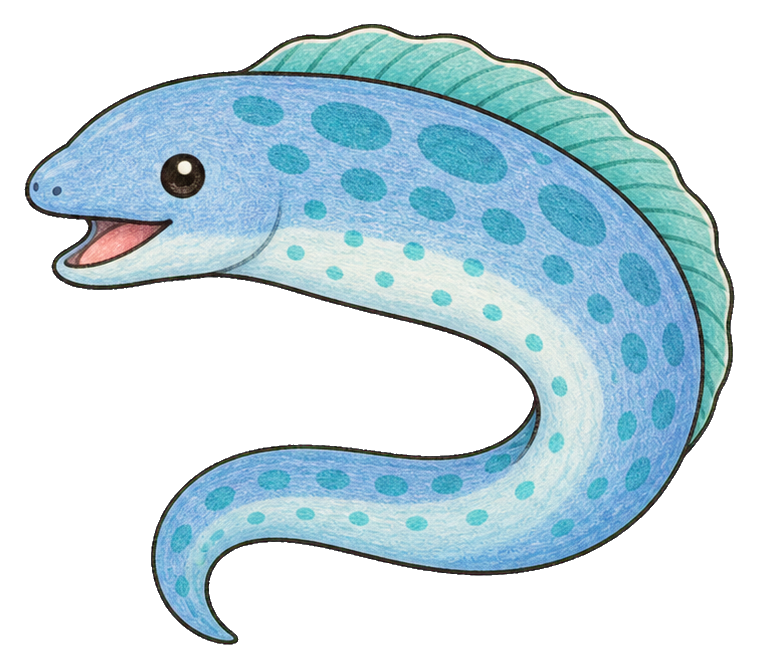 Cute blue moray eel sticker with spots and a smiling face