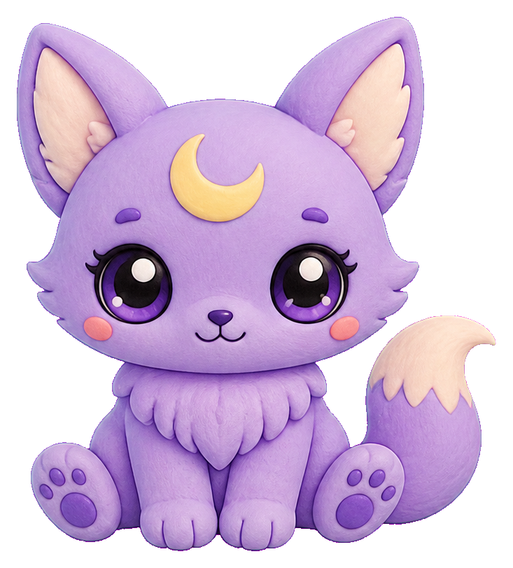 Cute lavender moon-fox alien with large ears, crescent moon forehead mark, and fluffy tail