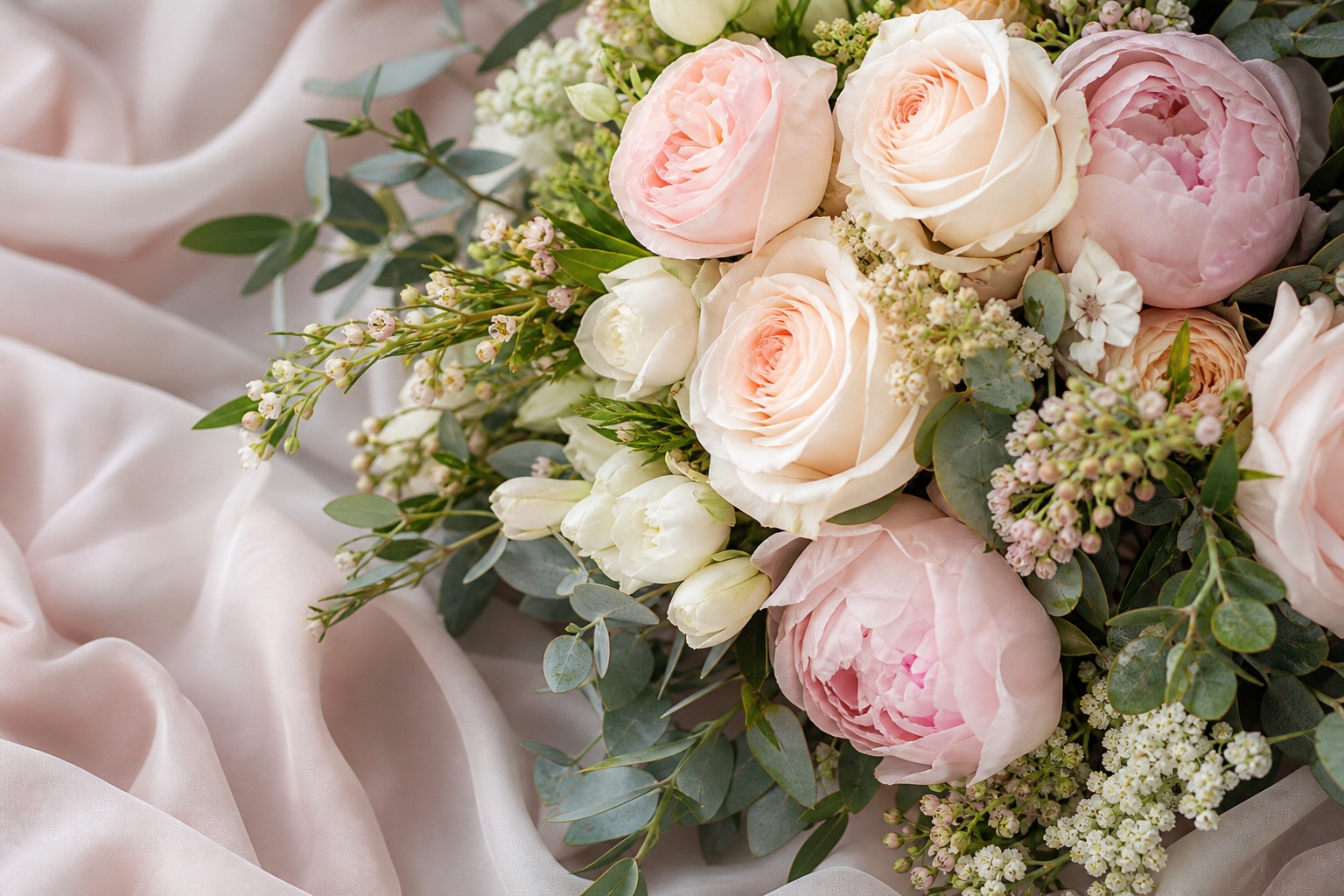 Soft bouquet of pale roses and greenery on a draped blush fabric background