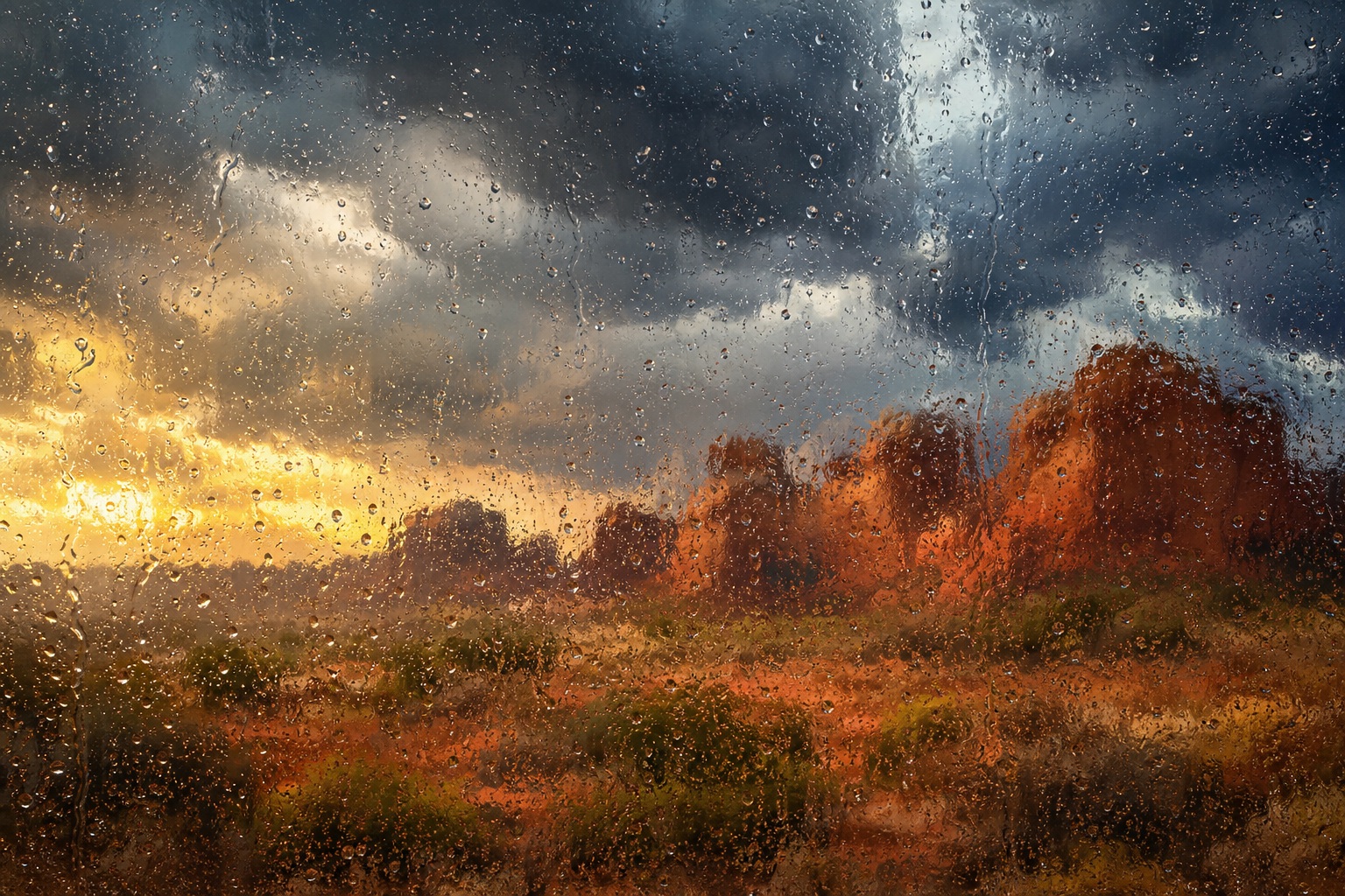 Rain-covered window view of a stormy desert landscape with glowing clouds and red rock mesas.