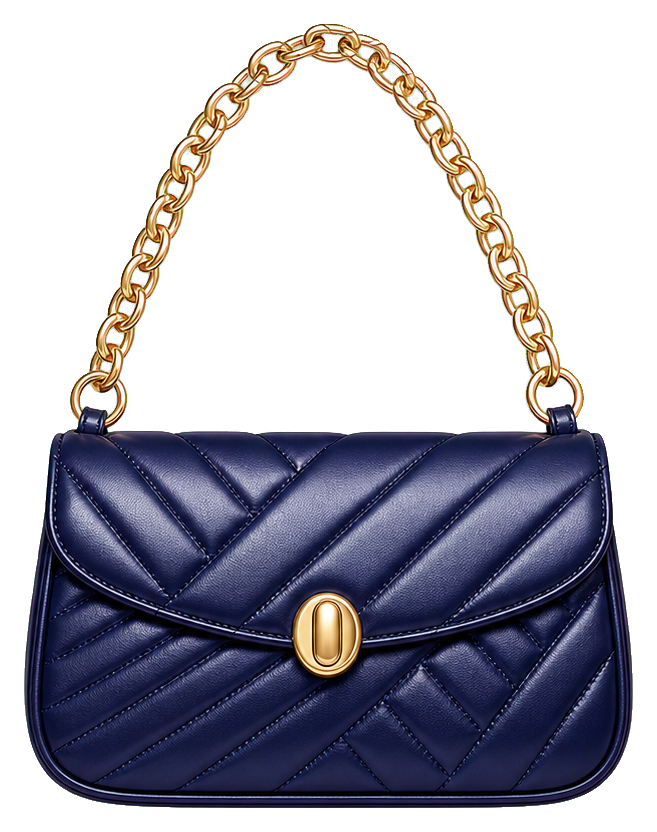 Navy quilted shoulder bag with gold chain strap and front clasp