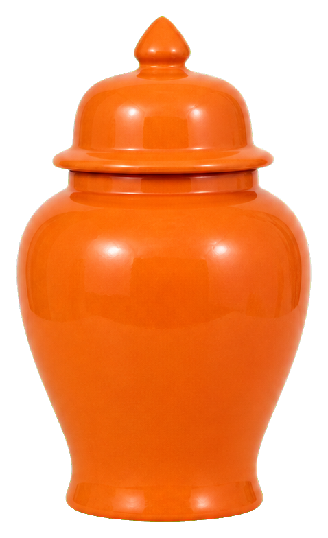 Orange ceramic ginger jar with a rounded lid and glossy finish