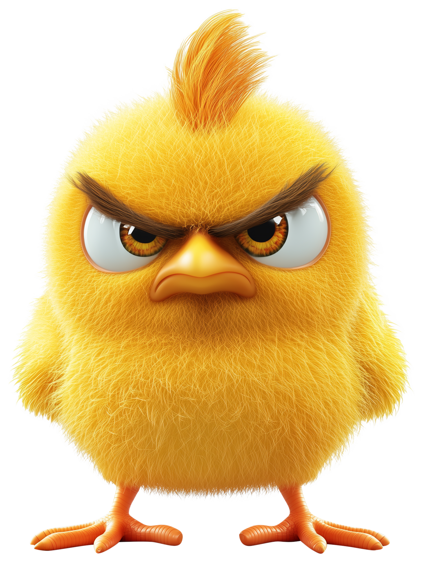 Fuzzy yellow cartoon chicken with angry eyes and orange feet