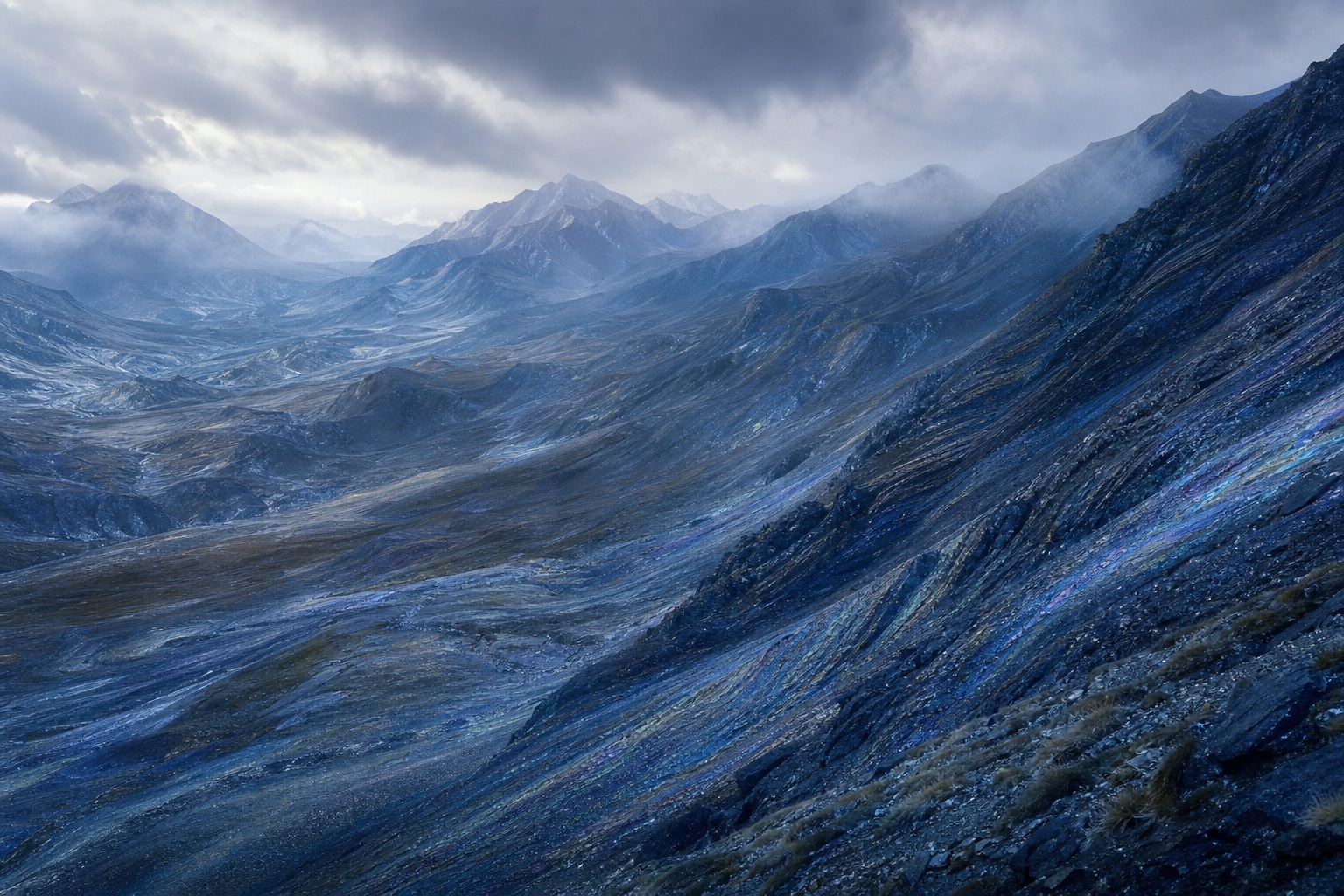 Blue-gray futuristic mountains with misty valleys and layered shale slopes