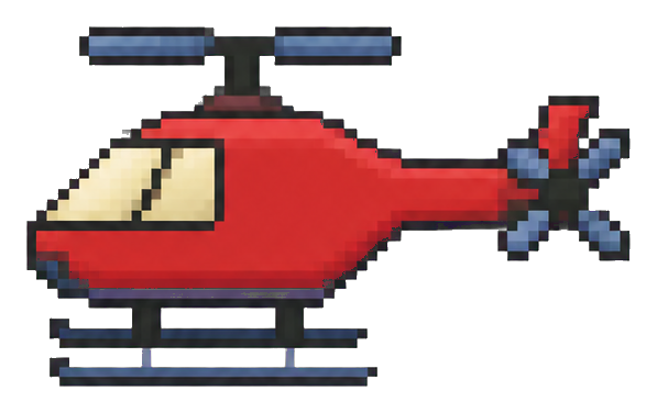 Pixel art red rescue helicopter with skids and spinning tail rotor