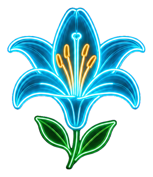 Glowing cyan neon lily with green leaves on a black background