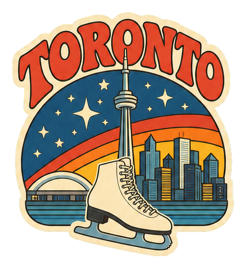 Retro Toronto word art with an ice skate in front of a city skyline.
