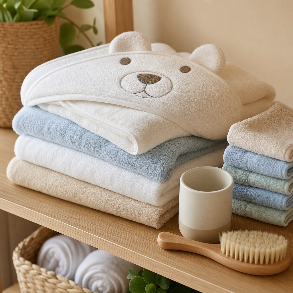Folded baby towels stacked on a wooden shelf with a bear-face towel on top.