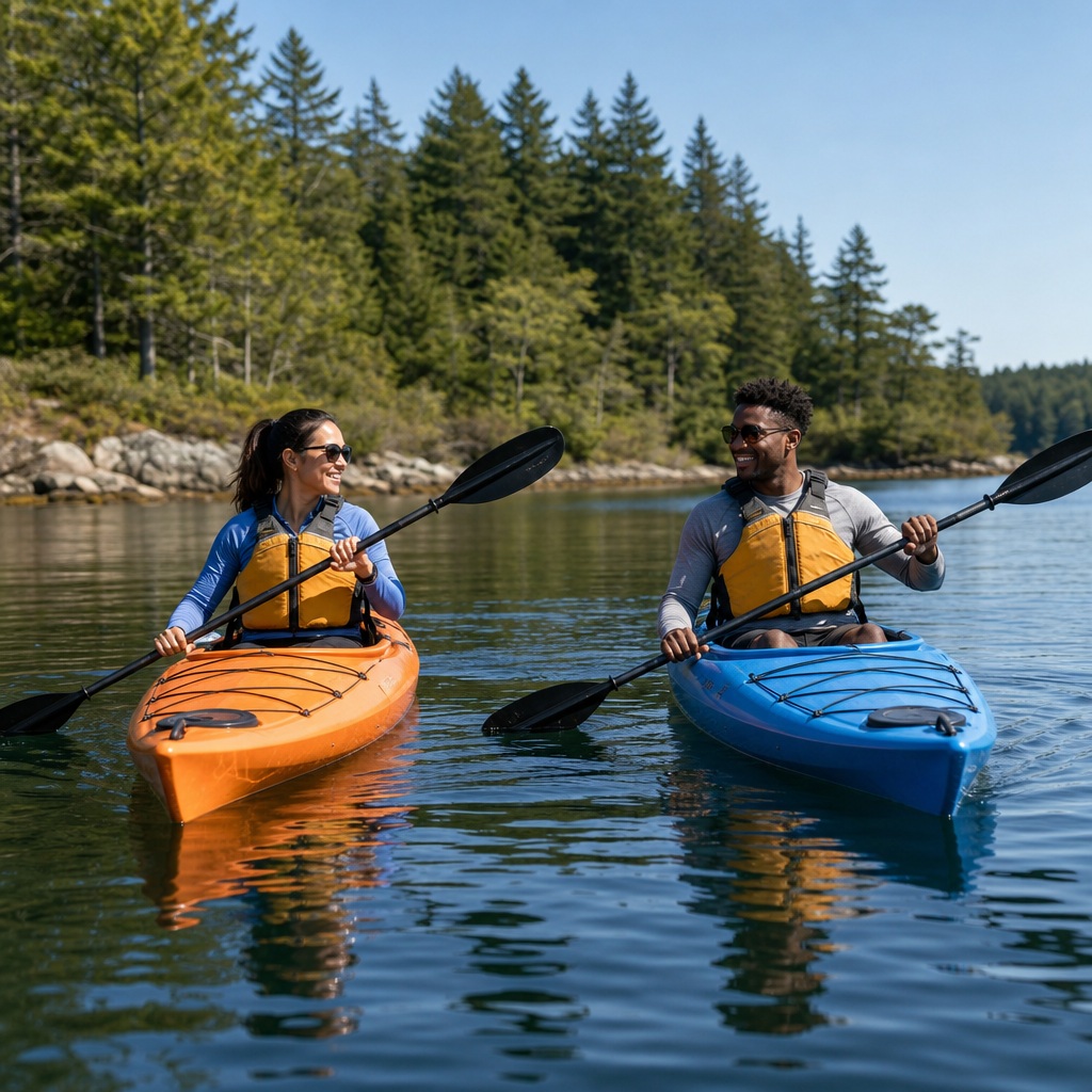 Two friends paddling kayaks on calm water near a forested shoreline.