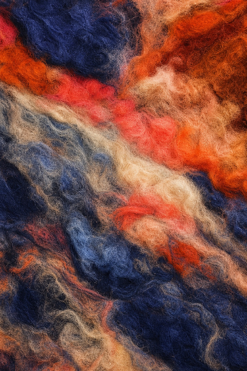 Abstract woven texture with coral, indigo, beige, and orange fiber-like bands