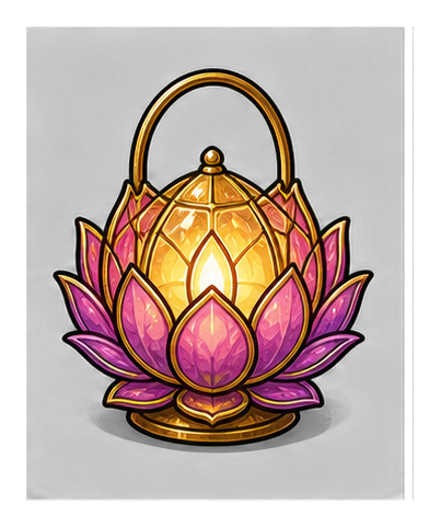 Glowing lotus lantern with pink petals and a golden handle on a black background