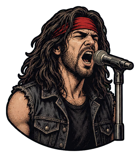 Long-haired vocalist wearing a headband and singing into a microphone.