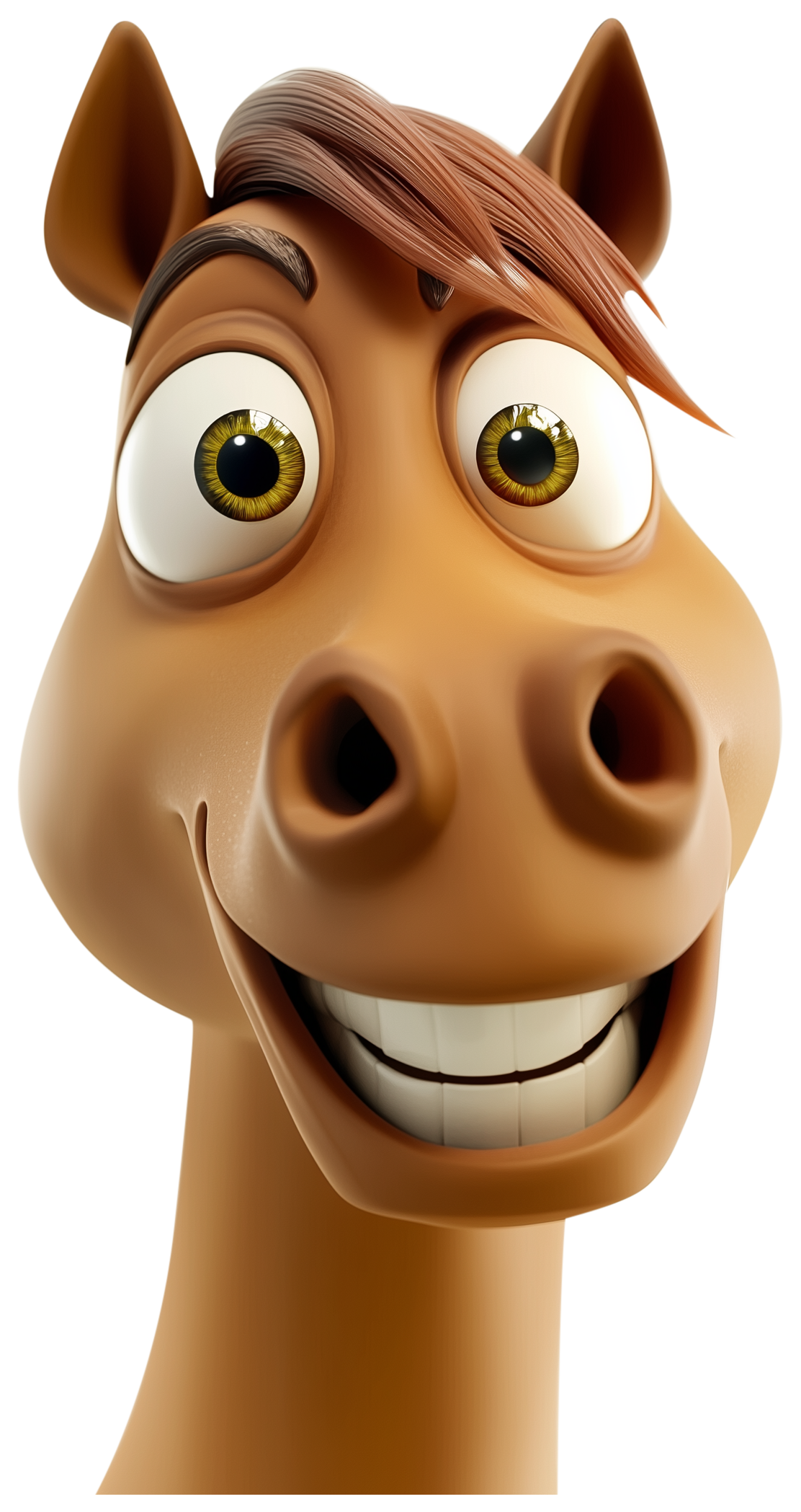 A smiling cartoon horse emoji with big eyes and a 3D-style face