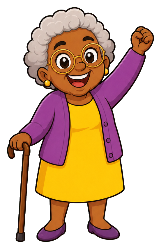 Cheerful elderly woman with glasses, raised fist, purple cardigan, yellow dress, and cane