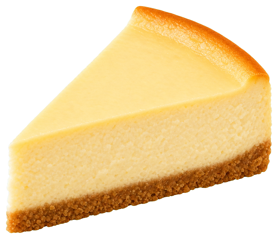 A golden cheesecake slice with a creamy filling and brown crumb crust.