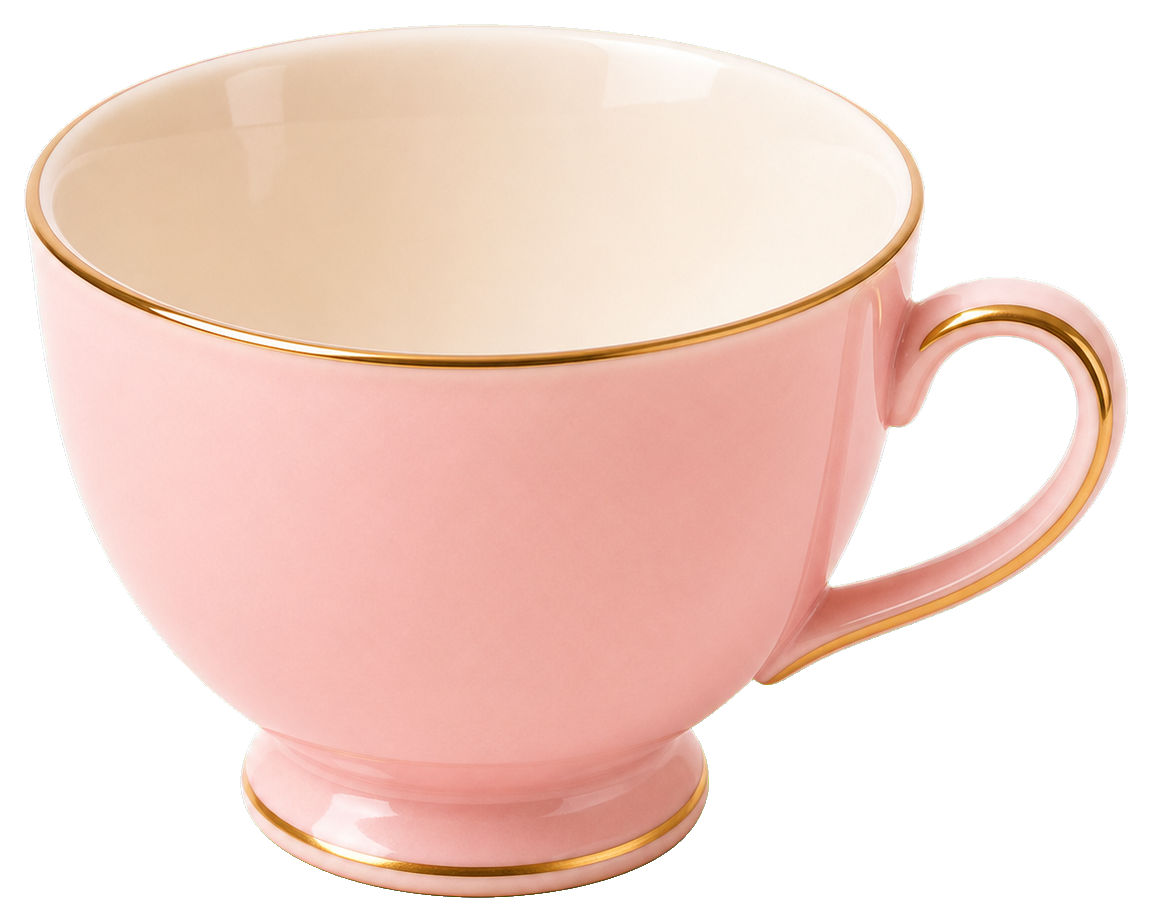 Pink tea cup with a gold rim and handle on a white background