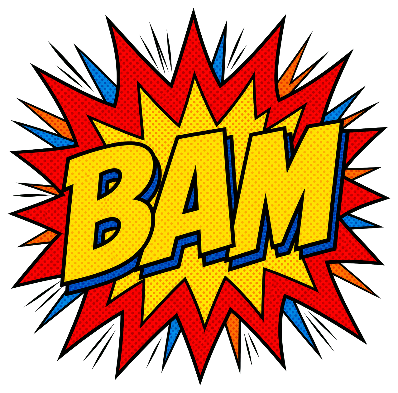 Yellow BAM text inside a red and black comic starburst