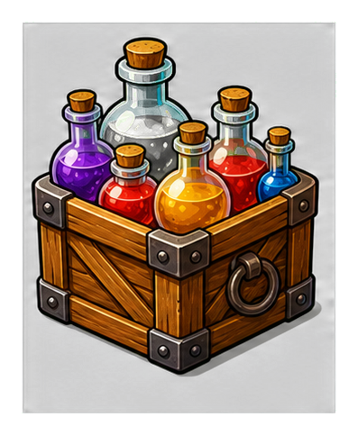 Wooden crate filled with colorful potion bottles on a dark background