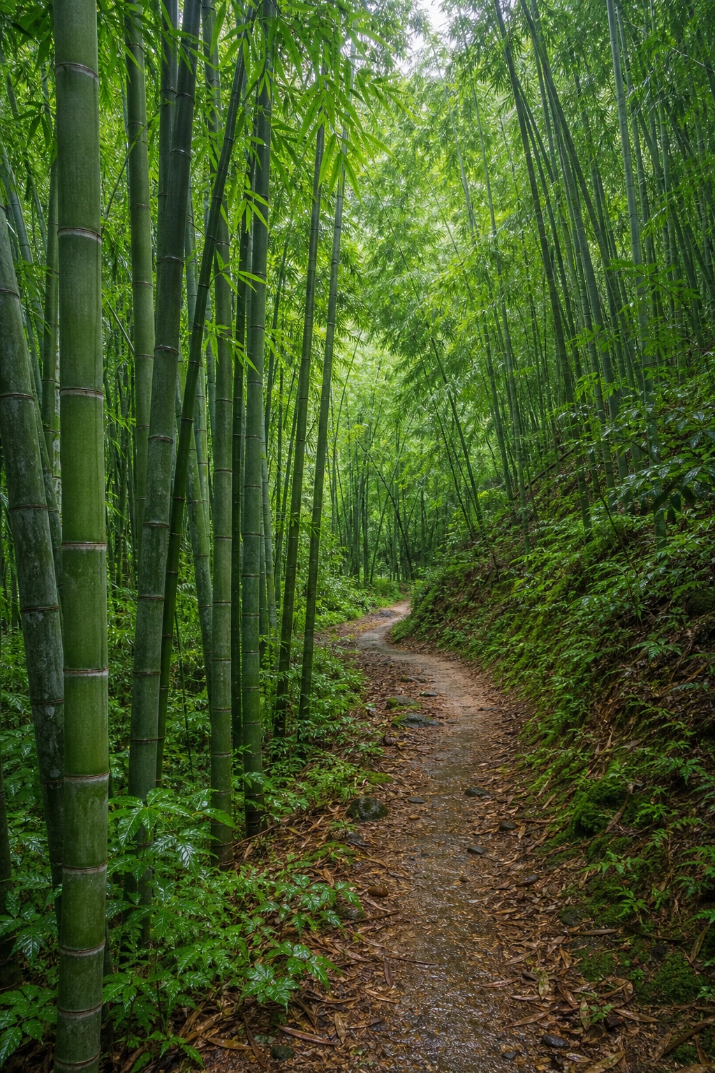 Tall bamboo stalks lining a narrow curving path in a lush green forest
