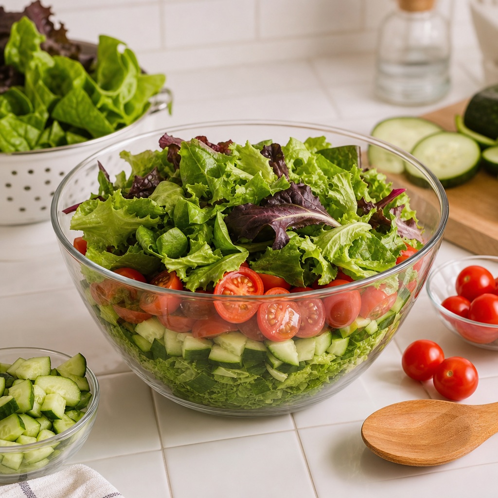 Glass bowl of fresh salad ingredients on a bright kitchen counter with vegetables and herbs nearby