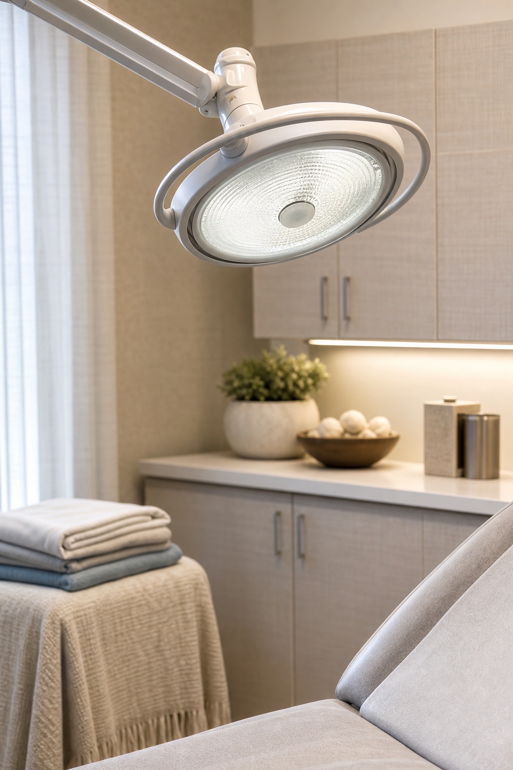 Exam light above a clean clinic room with cabinets, folded towels, and a chair