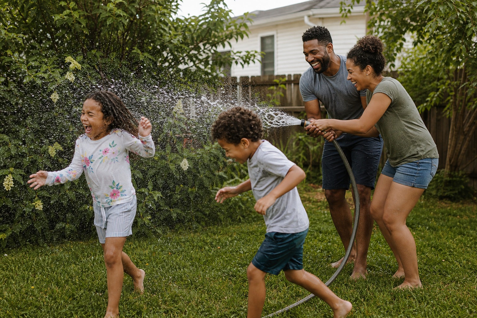 Family playing with a hose in a grassy backyard while an adult stands nearby.