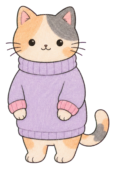 Cute kawaii cat wearing a cozy purple sweater with striped cuffs