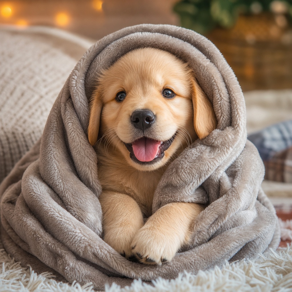 Happy puppy wrapped in a soft blanket on a cozy surface