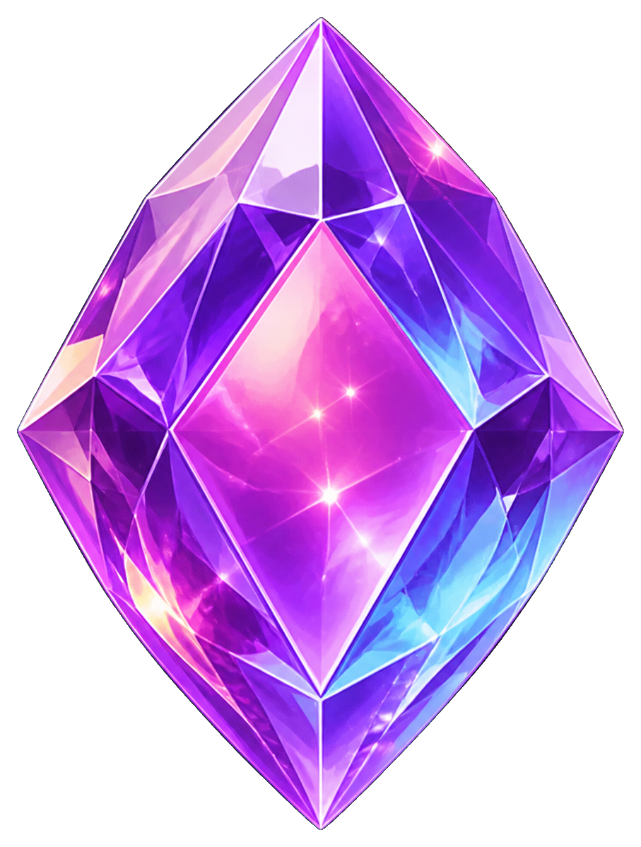 Purple faceted gemstone with glowing highlights and blue edges