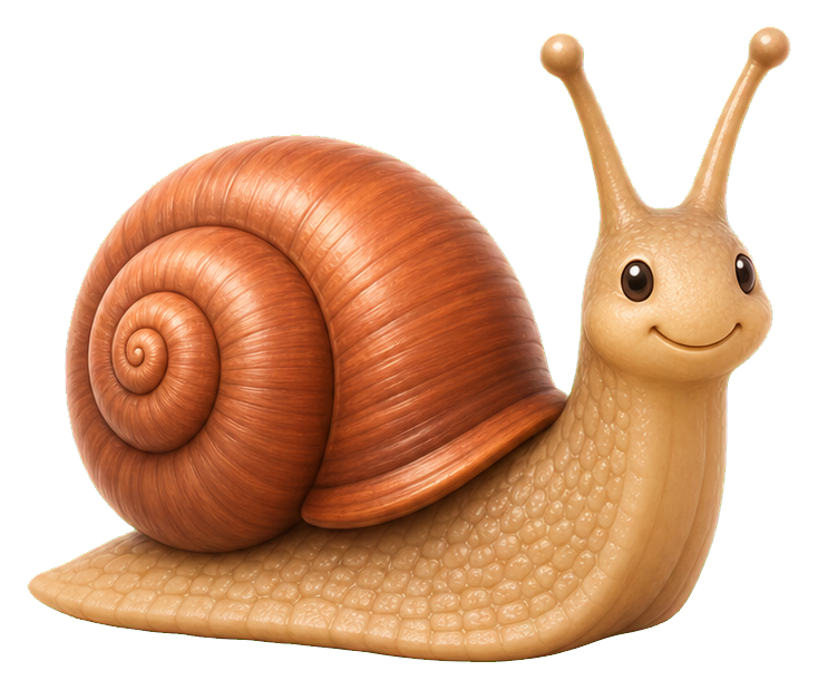 Cute brown garden snail with a curled shell and smiling face