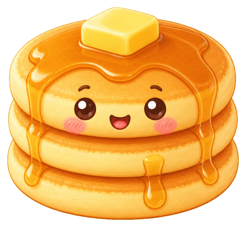 Cute smiling pancake stack with syrup drips and butter on top