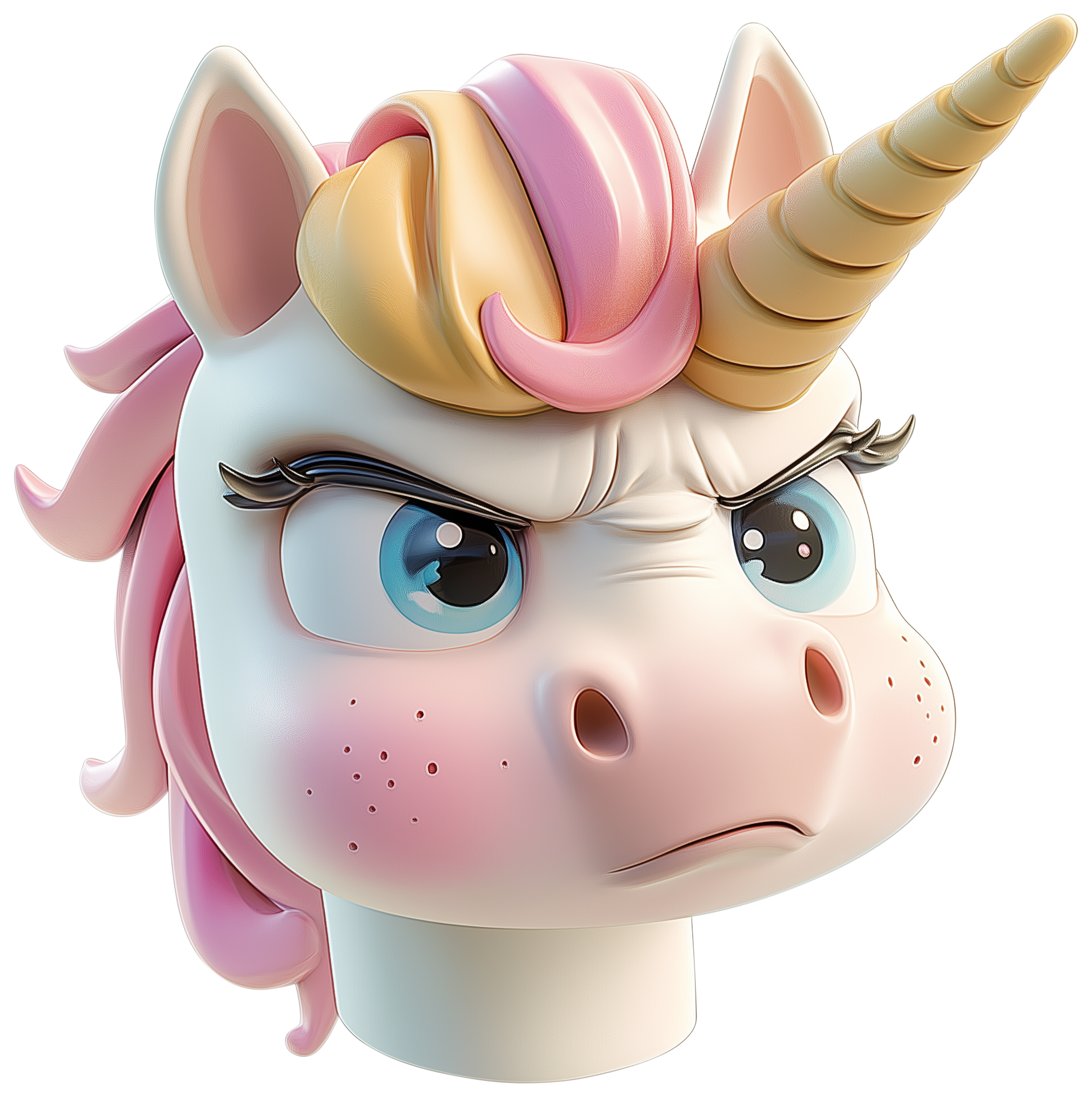 Cartoon unicorn head sticker with pink mane, blue eyes, and a gold horn.