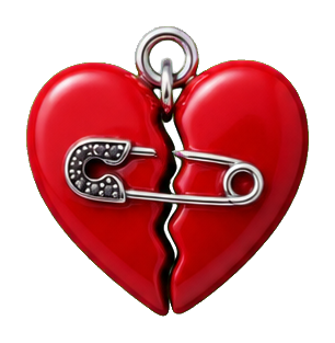 Red heart split in two with a safety pin across the front
