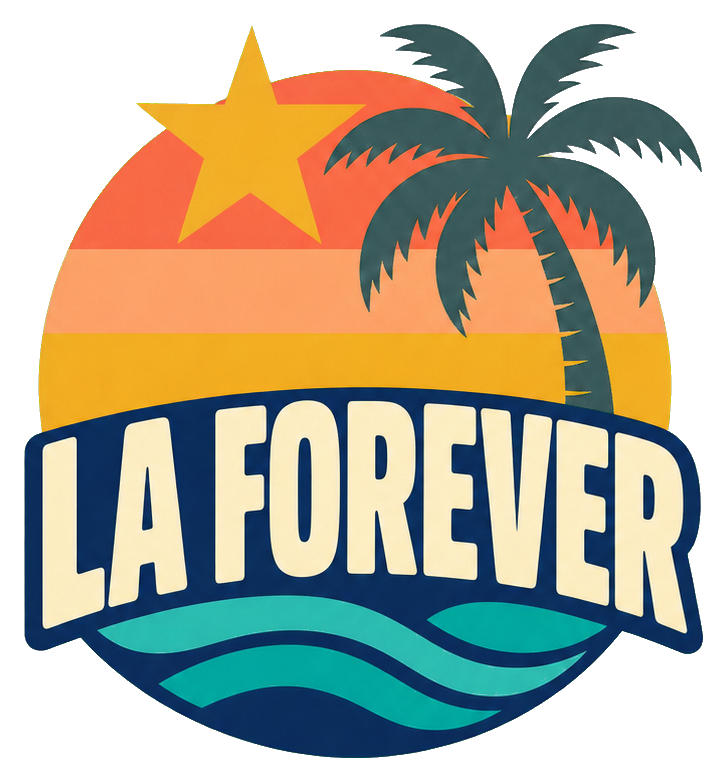 Retro Los Angeles sticker with a star, palm tree, sunset, and LA FOREVER text.