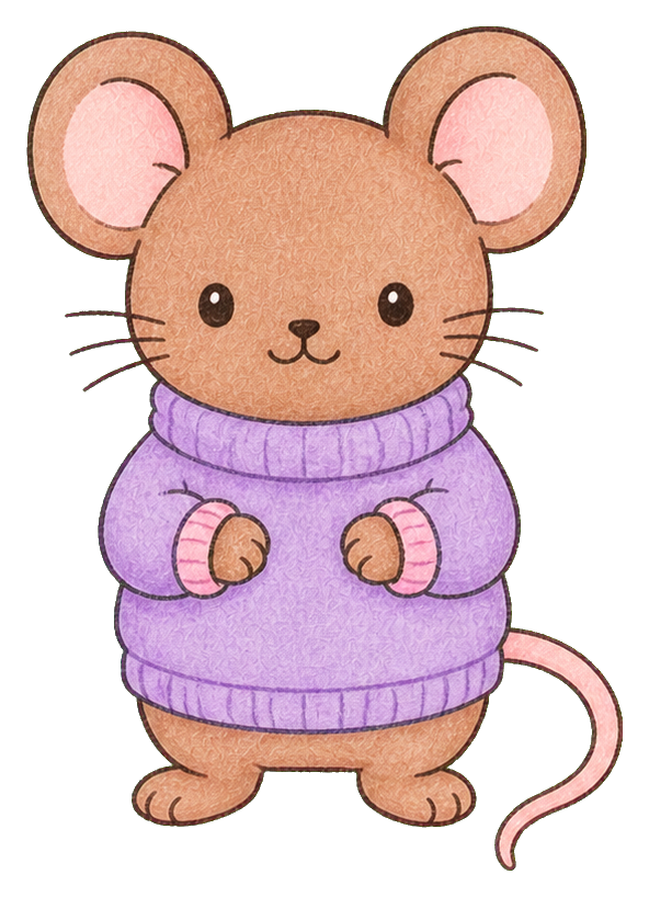 Cute kawaii mouse wearing a cozy purple sweater and standing upright