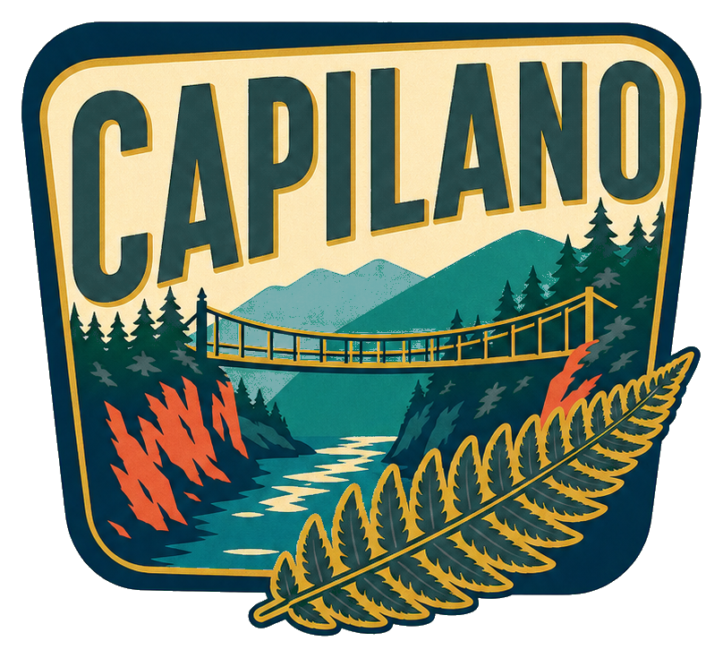 Retro Capilano Forest text sticker with mountains, bridge, trees, and river illustration