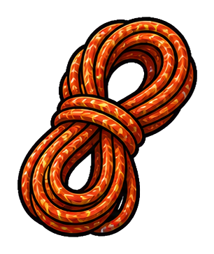 Coiled orange climbing rope tied into a loop on a transparent background.