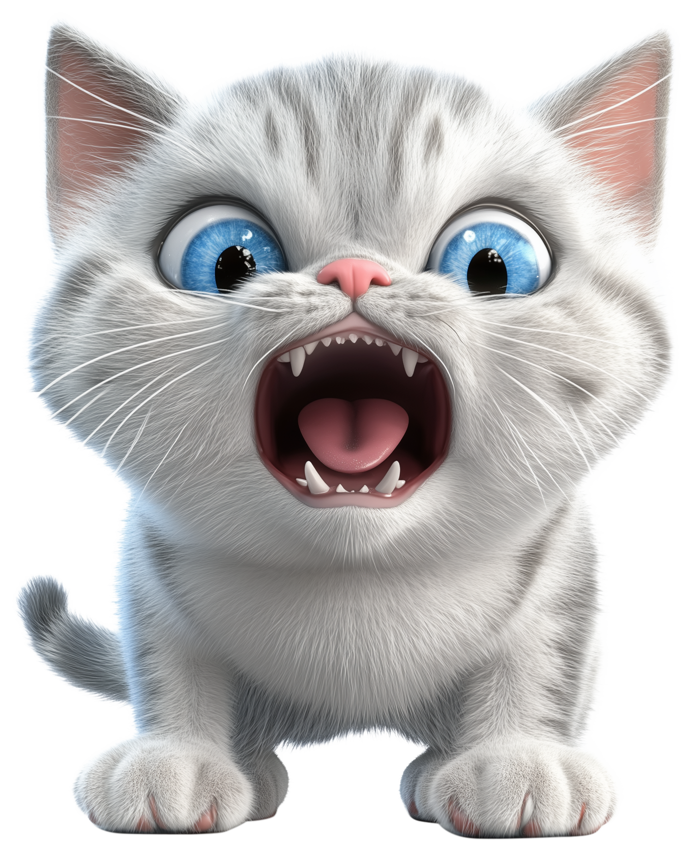 Cute white cartoon cat sticker with blue eyes and open mouth