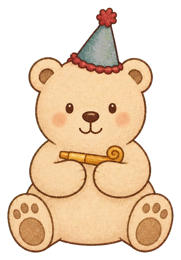 Cream-colored bear sitting and holding a horn while wearing a party hat